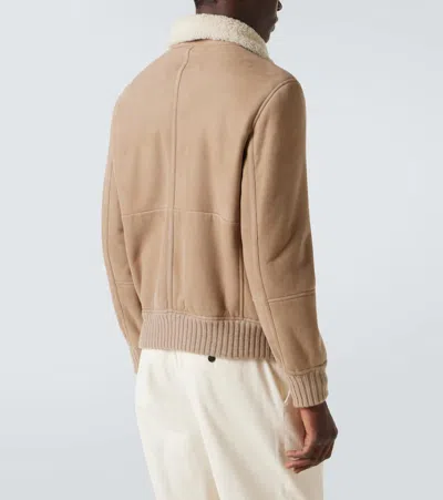 Brunello Cucinelli Suede Curly Shearling Bomber Jacket With Cashmere Knit Collar