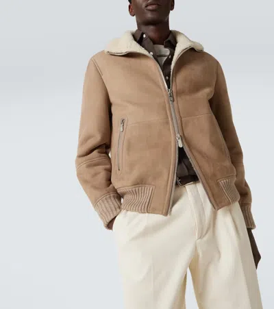 Brunello Cucinelli Suede Curly Shearling Bomber Jacket With Cashmere Knit Collar