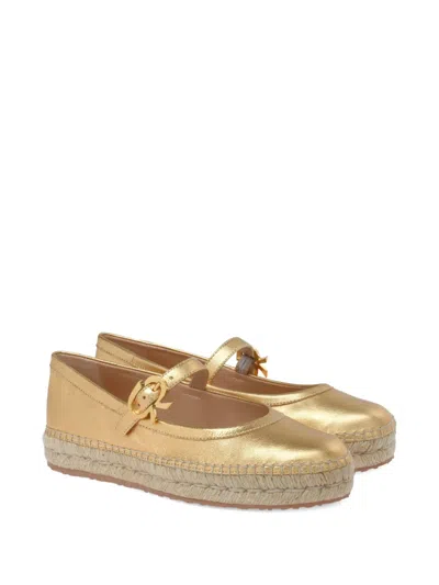 Gianvito Rossi Elda Metallic Leather Espadrille Mary Jane Flats In Gold