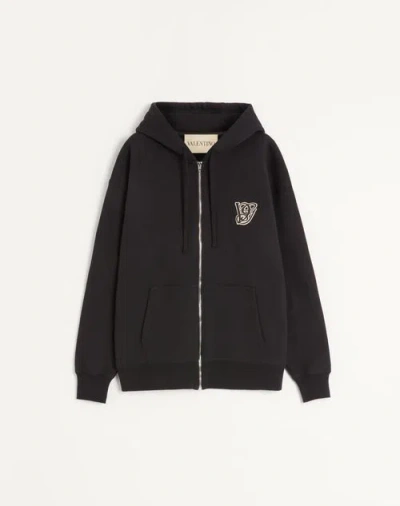 Valentino Logoed Cotton Hoodie Kangaroo Pockets In Black