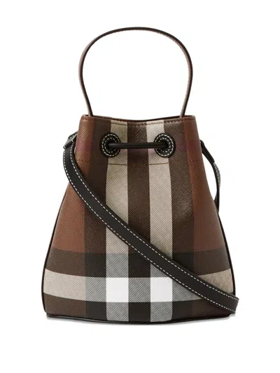 Burberry Logo Plaque Checked Drawstring Shoulder Bag