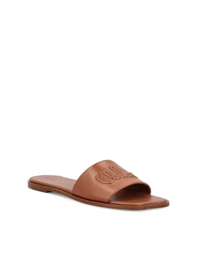 Chloé Soleil Leather Flat Slide Sandals In Brown
