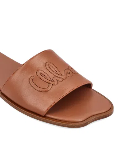 Chloé Soleil Leather Flat Slide Sandals In Brown