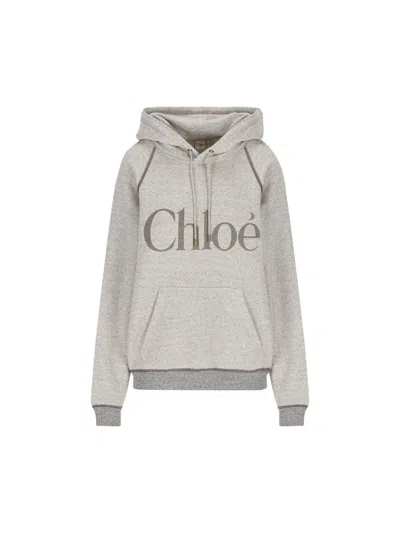 Chloé Cotton Blend Logo Hoodie In Gray