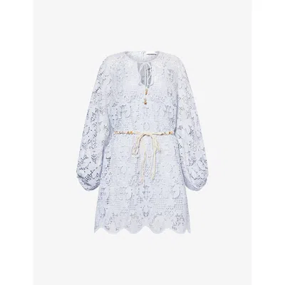 Zimmermann Ascension Lace Mini Dress W/ Belt In Blue