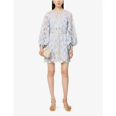 Zimmermann Ascension Lace Mini Dress W/ Belt In Blue