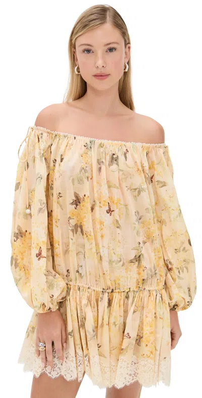 Zimmermann Cascadian Off-the-shoulder Lace-trimmed Printed Cotton-voile Mini Dress In Yellow