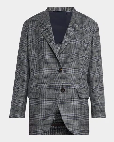 Brunello Cucinelli Belted Wool Prince Of Wales Single-breasted Blazer Jacket In Gray