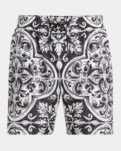 Dolce & Gabbana Printed Bermuda Style Shorts With Elastic Waist In Black