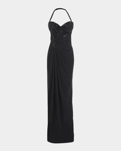 Gaurav Gupta Athena Embroidered Draped Halter Gown In Black