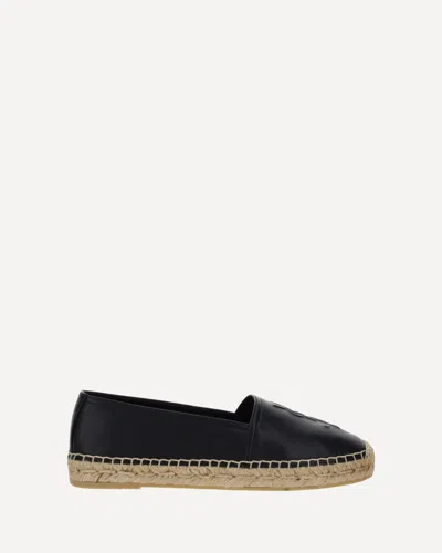 Saint Laurent Logo Embossed Calf Leather Flat Espadrilles In Black