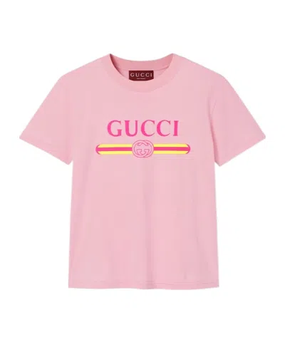 Gucci Women Pink Crewneck T-shirt With Logo Print On The Front In Cotton Woman
