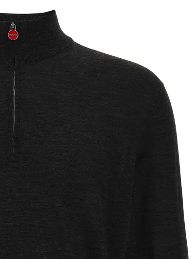 Kiton Wool Long Sleeve Polo With Ribbed Cuffs And Hem In Black