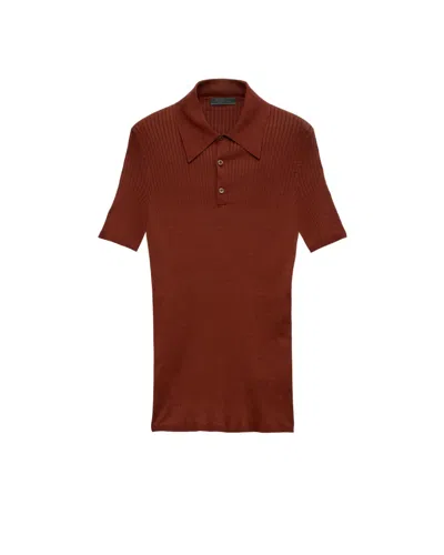 Prada Ribbed Knit Cotton Polo Shirt In Brown