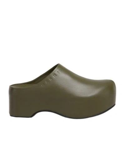 Marni Chunky Green Leather Deepsage Clog Sabots In Green