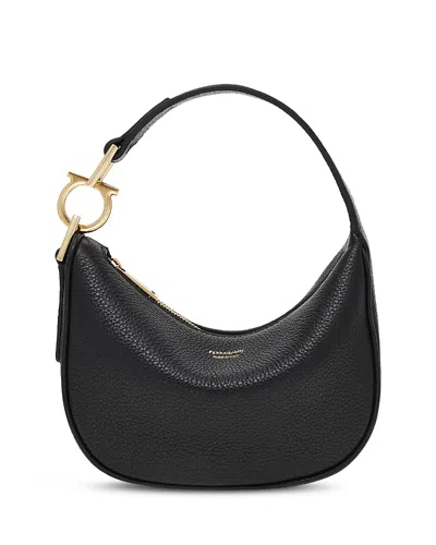 Ferragamo Black Handbag With Top Handle With Gancini And Embossed Logo Lettering On The Front In Grained Leath