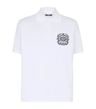 Balmain Cotton Crest Print Polo Shirt In White