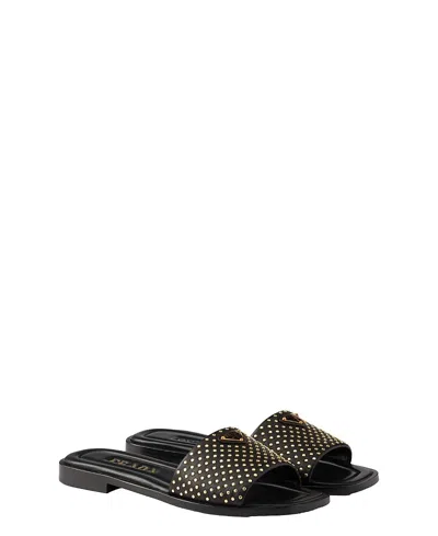 Prada Stud-embellished Leather Slides In Black