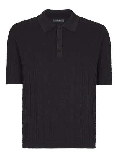 Balmain Textured Black Knitted Polo With Classic Collar In Black