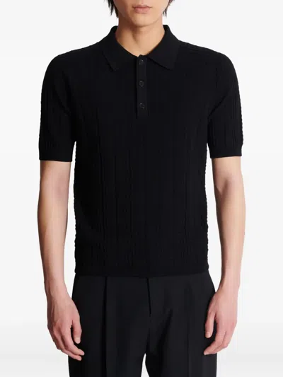 Balmain Textured Black Knitted Polo With Classic Collar In Black