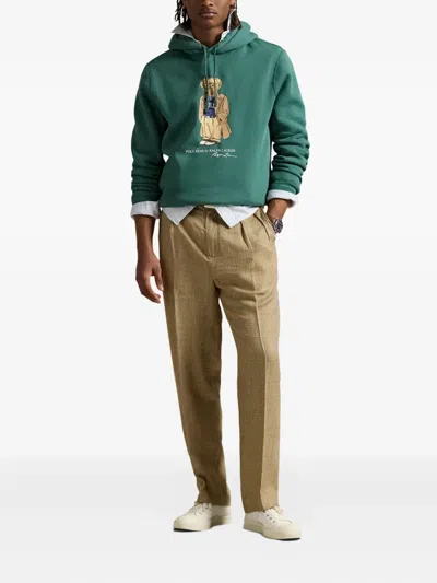 Polo Ralph Lauren Green Hoodie With Drawstring Hood And Logo Print On The Front In Cotton Blend Man In Green