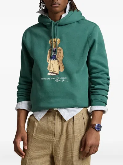 Polo Ralph Lauren Green Hoodie With Drawstring Hood And Logo Print On The Front In Cotton Blend Man In Green