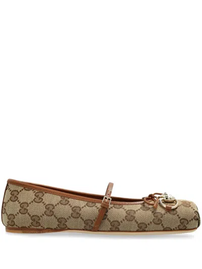 Gucci Women Gg Fabric Ballerinas With Iconic Horsebit In Brown