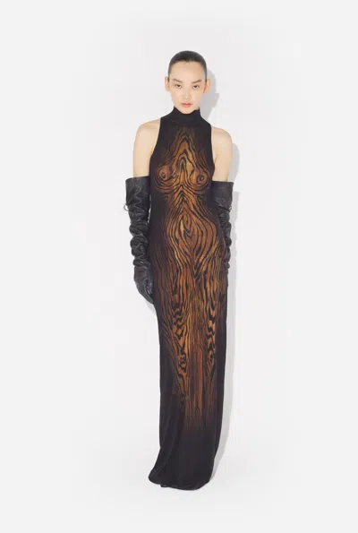 Jean Paul Gaultier Long Dress In Multicolor Mesh With High Neck And Sleeveless Design In Brown