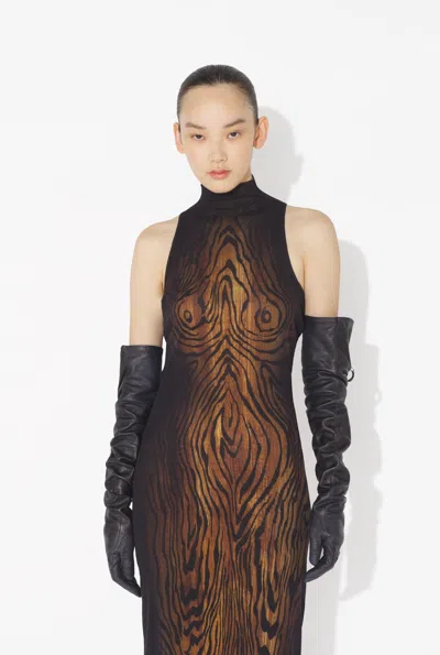 Jean Paul Gaultier Long Dress In Multicolor Mesh With High Neck And Sleeveless Design In Brown