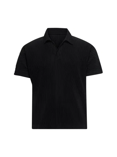 Issey Miyake Pleated Black Polo Shirt With Boxy Silhouette In Black