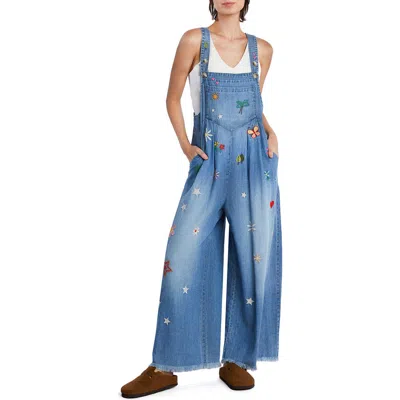 Billy T Oooh La La Embroidered Wide Leg Denim Overalls