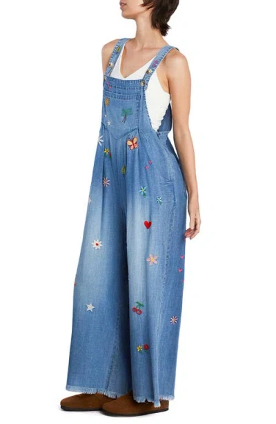 Billy T Oooh La La Embroidered Wide Leg Denim Overalls