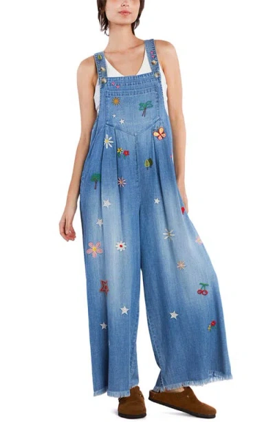 Billy T Oooh La La Embroidered Wide Leg Denim Overalls