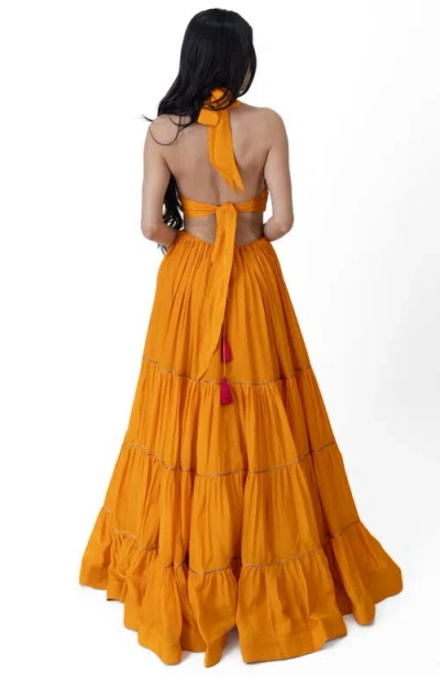 Raas Neale Embroidered Tiered Halter Gown