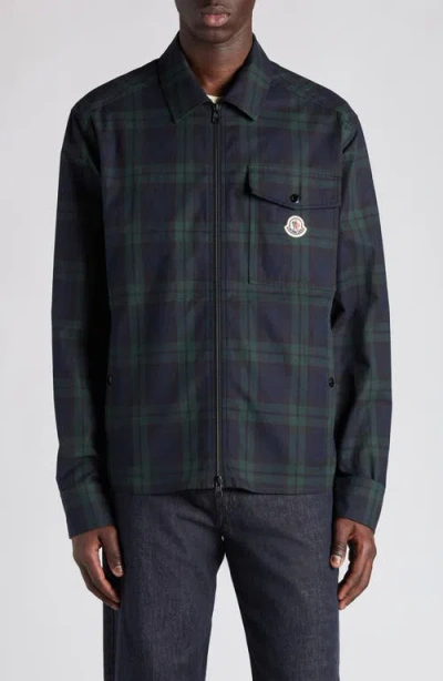 Moncler Cotton Gabarine Shirt Jacket With Check Pattern In Blue