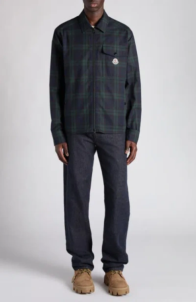 Moncler Cotton Gabarine Shirt Jacket With Check Pattern In Blue