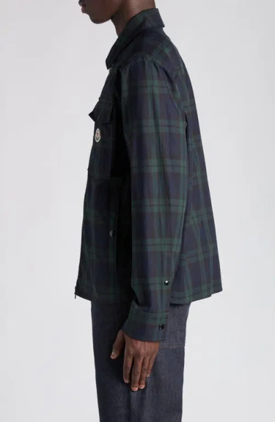 Moncler Cotton Gabarine Shirt Jacket With Check Pattern In Blue
