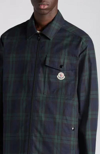 Moncler Cotton Gabarine Shirt Jacket With Check Pattern In Blue