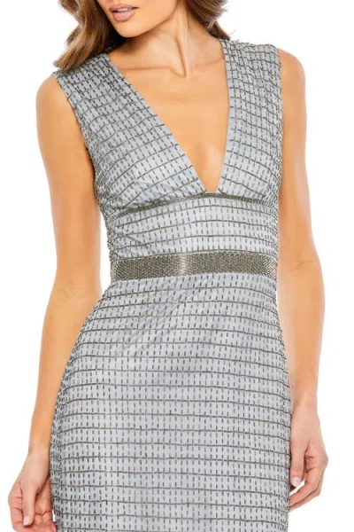 Mac Duggal Elegant Beaded Column Gown With Cap Sleeves & V-neckline