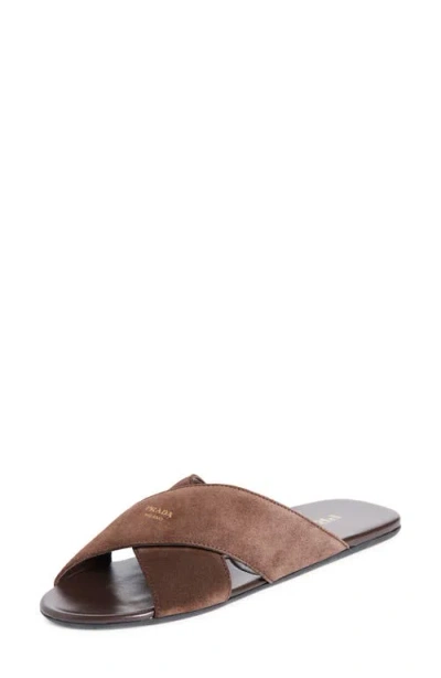 Prada Crisscross Slide Sandal In Brown