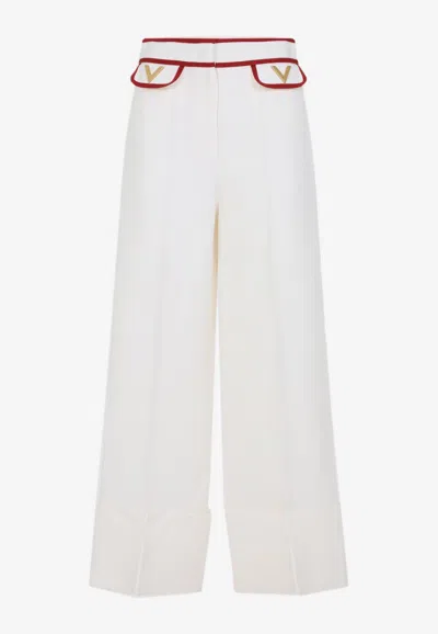 Valentino Ivory Trousers With Gold V In Neutral