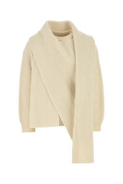 Jil Sander Wool Sweater With Dropped Shoulders And Long Scarf In Neutral
