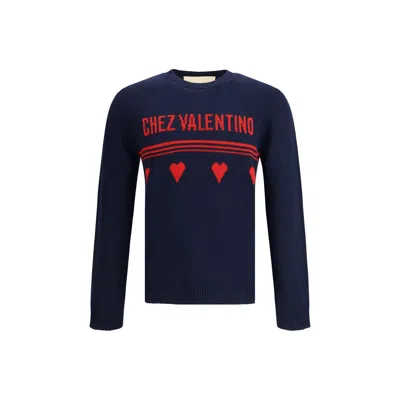Valentino Wool Sweater Heart Motif In Blue