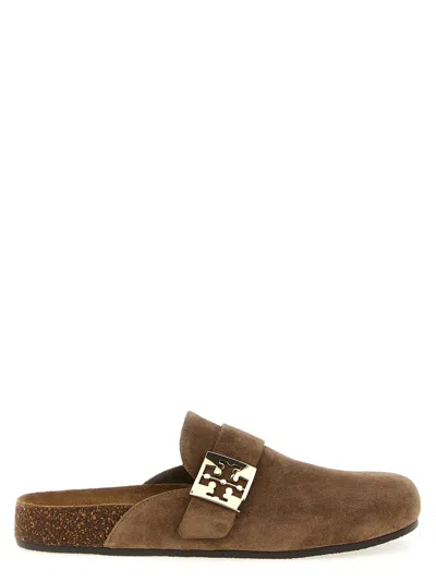 Tory Burch Mellow Suede Buckle Slide Mules In Brown