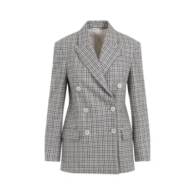 Brunello Cucinelli Beige Double-breasted Jacket With Peak Revers And All-over Check Motif In Wool Woman In Neutral