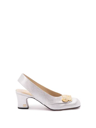 Valentino Garavani Block Heel Embellished Slingback Square Toe Pumps In White