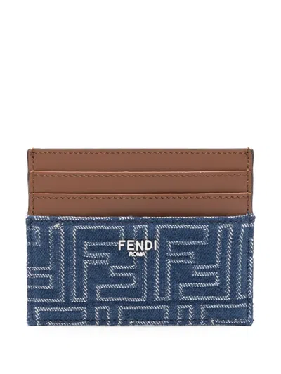 Fendi Jacquard Ff Fabric Cardholder With Denim Effect In Blue