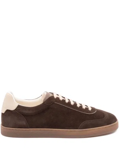 Brunello Cucinelli Suede Low-top Sneakers Contrast Detail In Brown