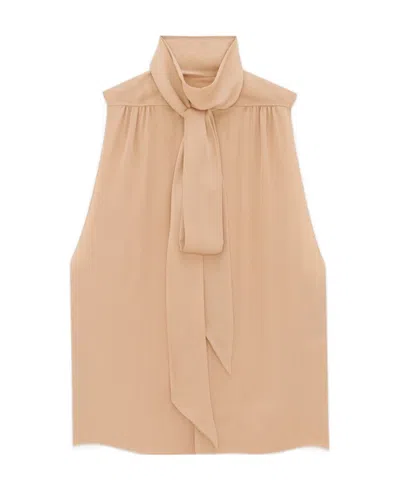 Saint Laurent Lavallière-neck Tunic Shirt In Silk Satin In Brown