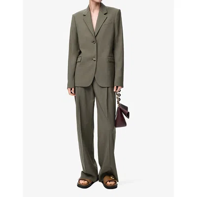 Loewe Womens Khaki Green Logo-waistband Straight-leg Woven Trousers In Black
